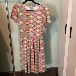 Lularoe small tan and blue Amelia dress